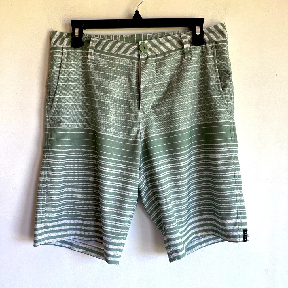 Lost surf brand hybrid chino shorts mens 30, green and white striped, pockets
